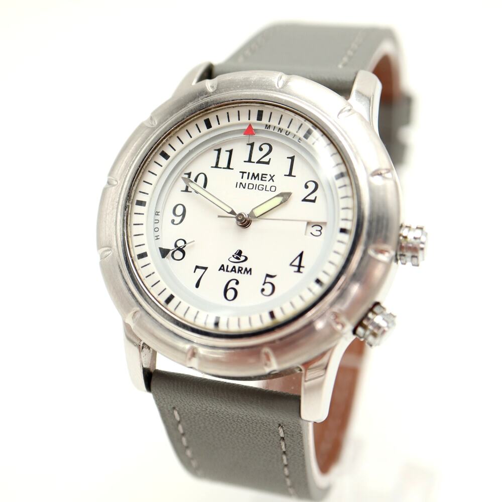 Timex Shenmue Alarm Silver Tone 39mm Watch Indiglo Gray Leather w New Battery
